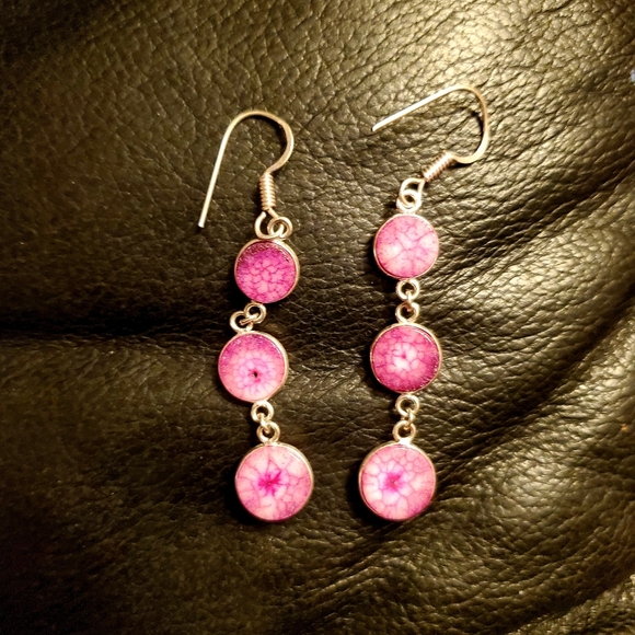 New 3 Pink Solar Quartz Agate Drop Silver Earrings. - Picture 4 of 11